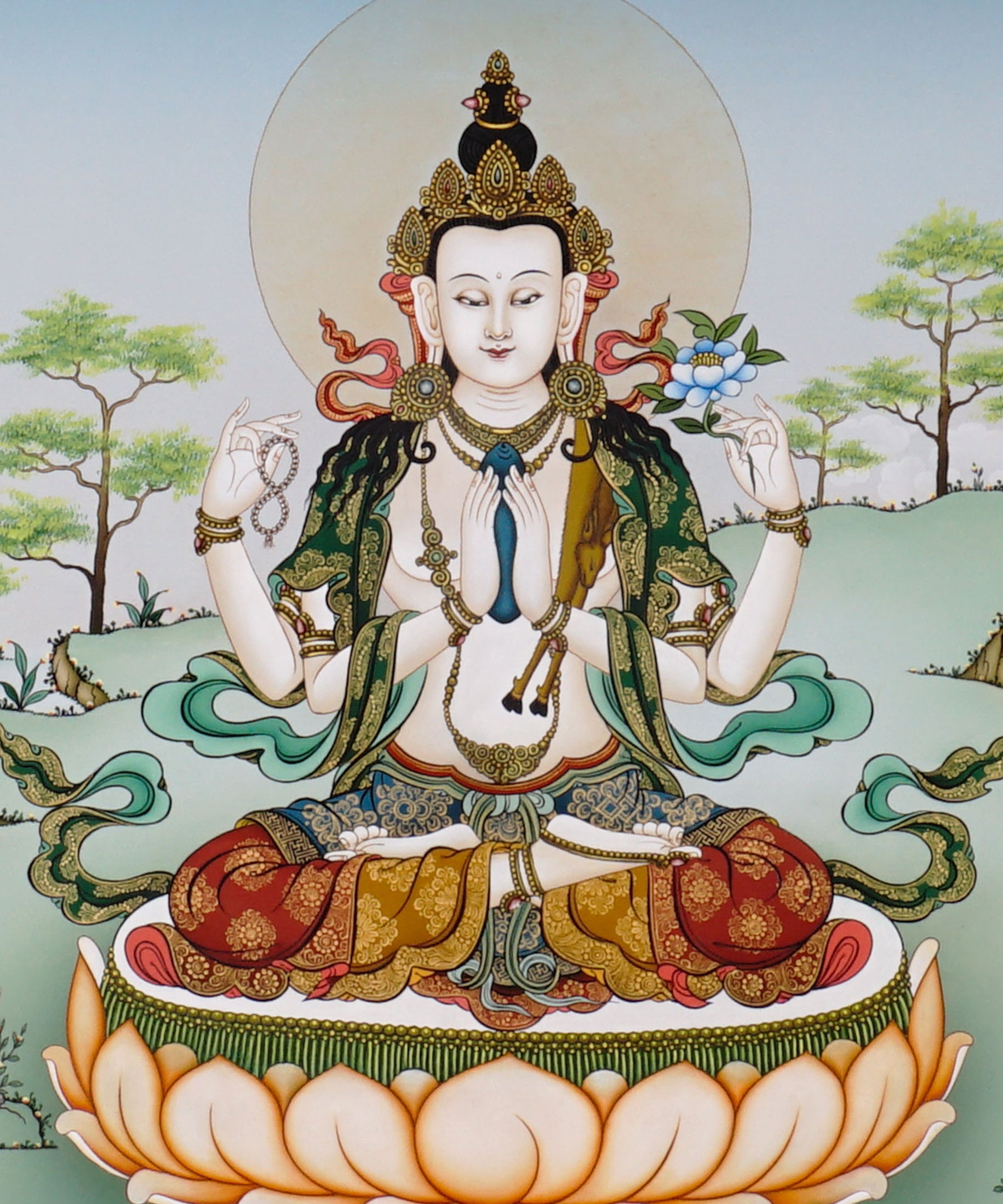 Chenrezig thangka painting Avalokiteshvara seated on lotus with multiple arms and prayer gesture in Himalayan landscape