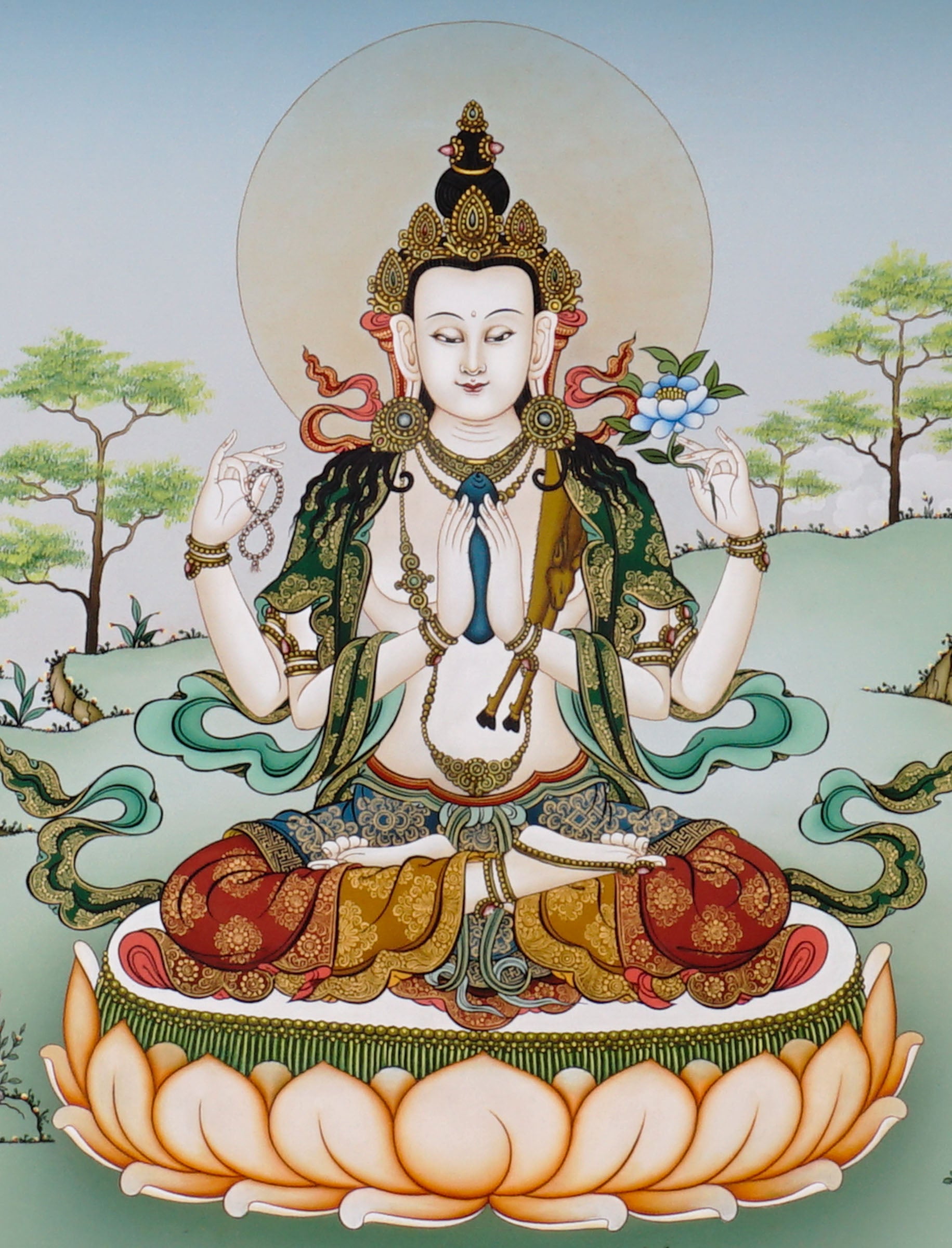 Chenrezig thangka painting Avalokiteshvara seated on lotus with multiple arms and prayer gesture in Himalayan landscape