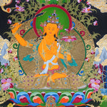 Manjushree Thangka Painting seated on a lotus throne with a raised wisdom sword, scripture on lotus, sacred ornaments, offering symbols, flowers, clouds, mountains and Himalayan landscape details.