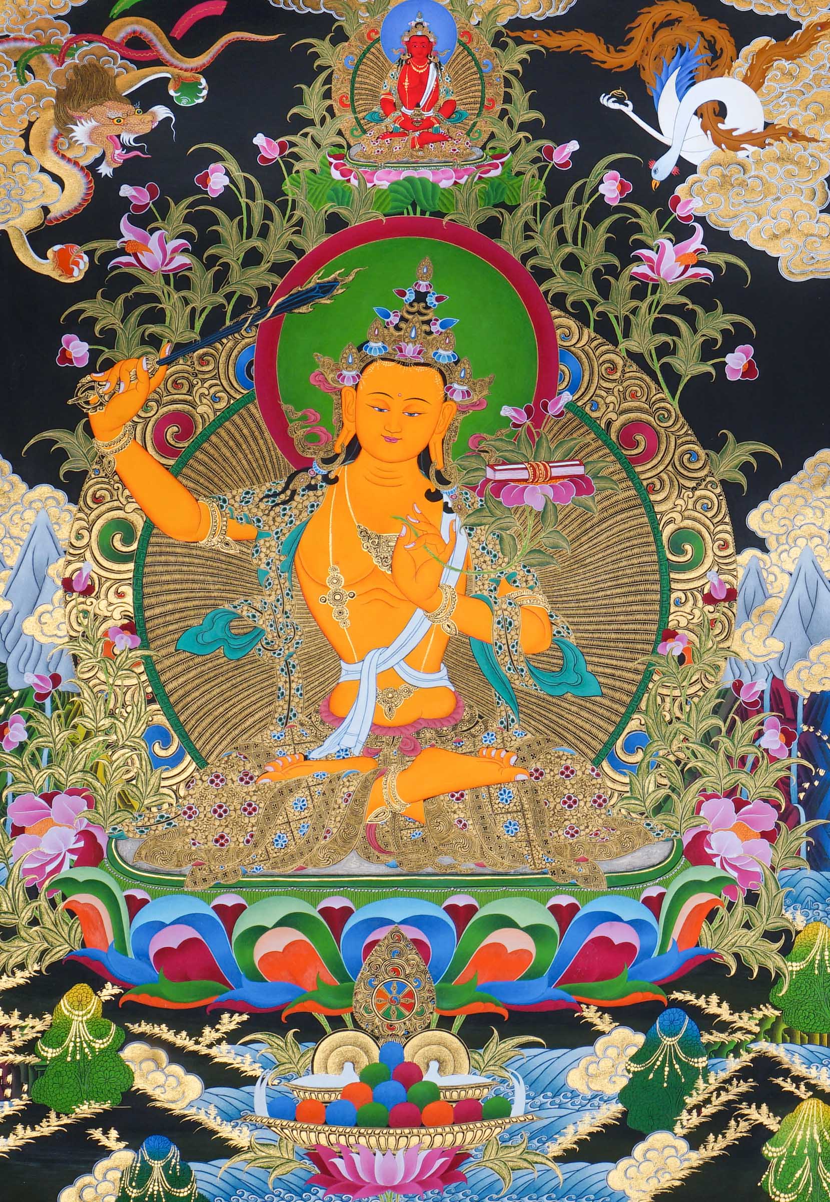 Manjushree Thangka Painting seated on a lotus throne with a raised wisdom sword, scripture on lotus, sacred ornaments, offering symbols, flowers, clouds, mountains and Himalayan landscape details.