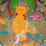 Manjushree Thangka Painting seated on a lotus throne with a raised wisdom sword, scripture on lotus, sacred ornaments, offering symbols, flowers, clouds, mountains and Himalayan landscape details.