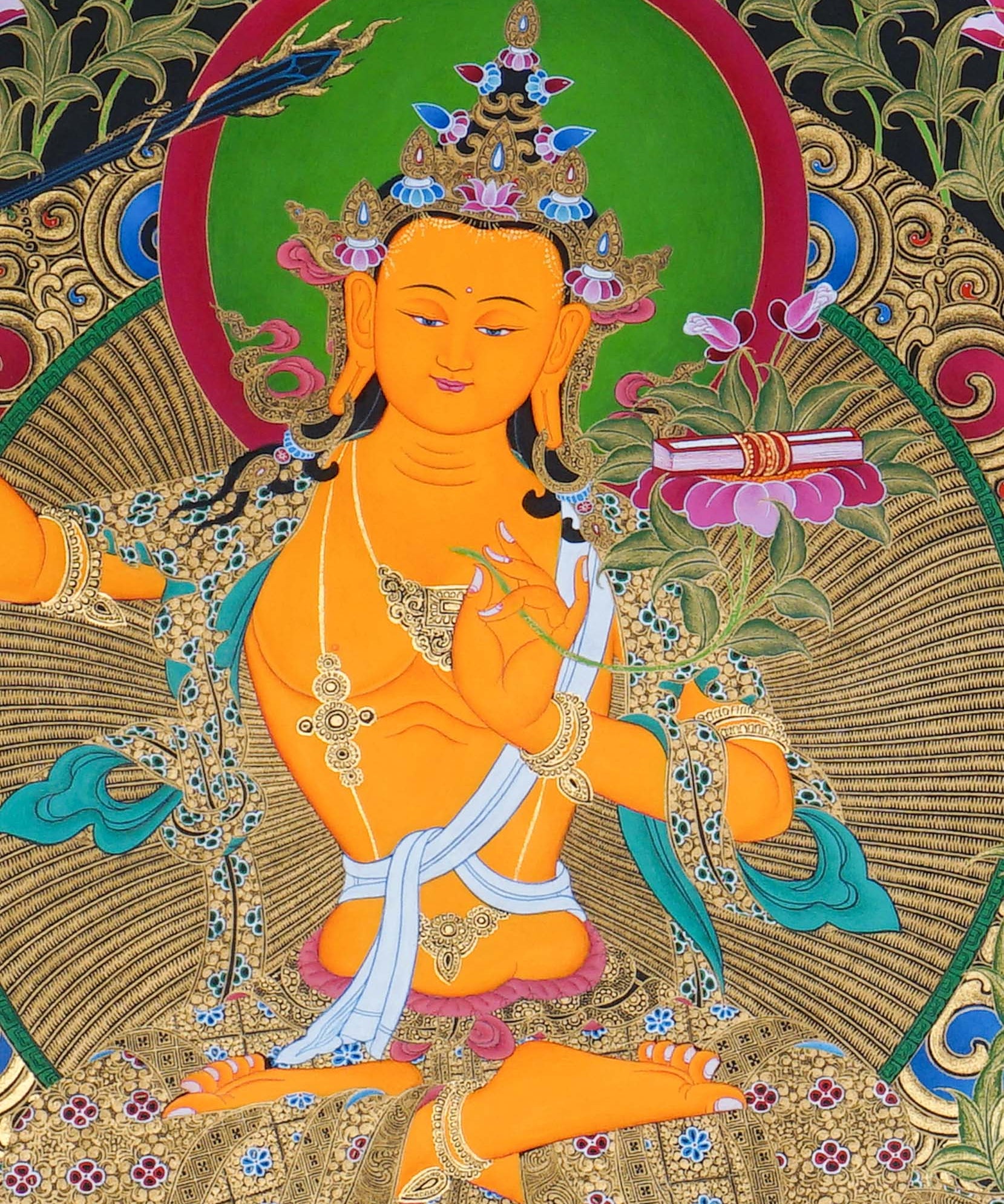 Manjushree Thangka Painting seated on a lotus throne with a raised wisdom sword, scripture on lotus, sacred ornaments, offering symbols, flowers, clouds, mountains and Himalayan landscape details.