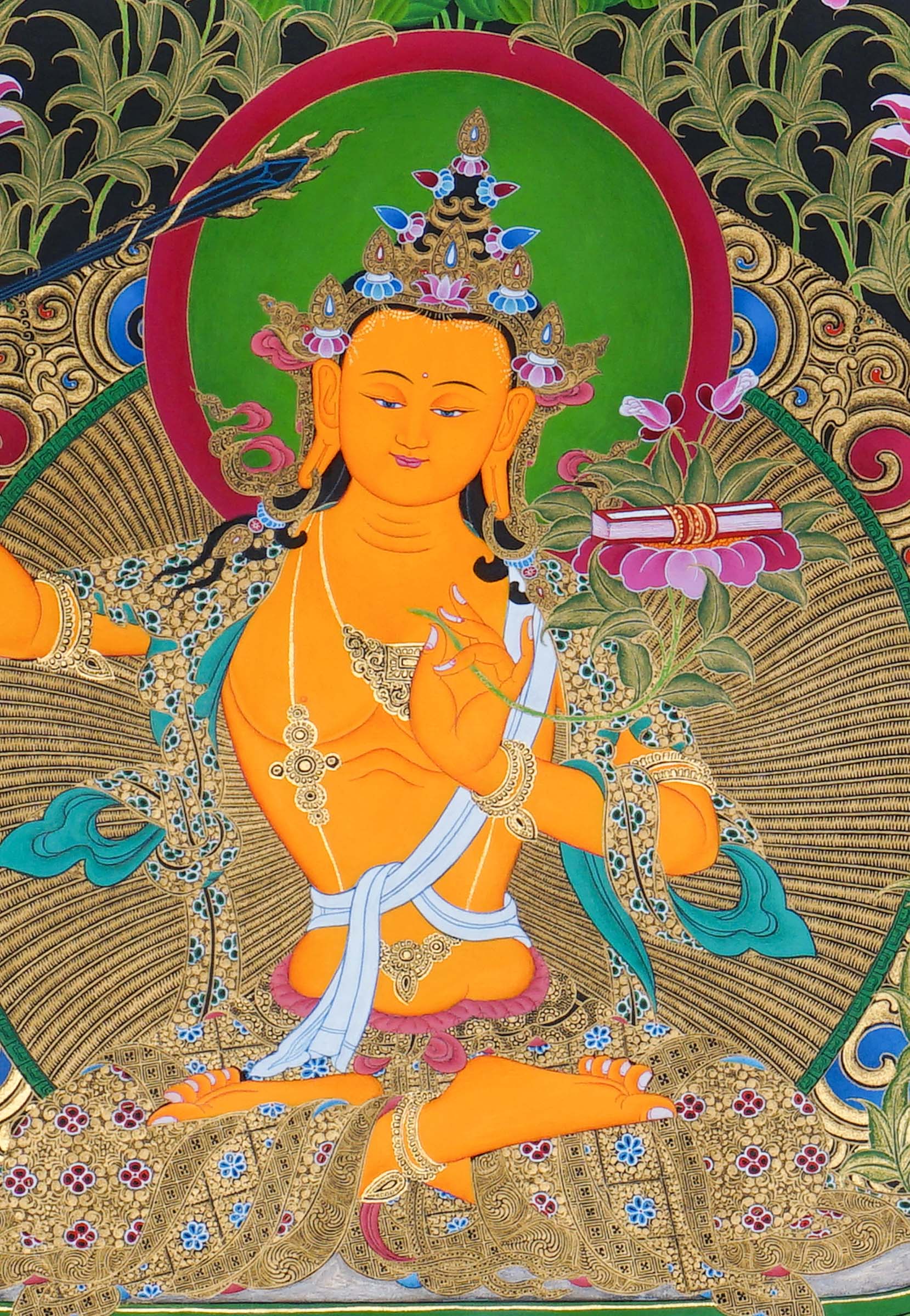 Manjushree Thangka Painting seated on a lotus throne with a raised wisdom sword, scripture on lotus, sacred ornaments, offering symbols, flowers, clouds, mountains and Himalayan landscape details.