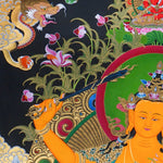 Manjushree Thangka Painting seated on a lotus throne with a raised wisdom sword, scripture on lotus, sacred ornaments, offering symbols, flowers, clouds, mountains and Himalayan landscape details.