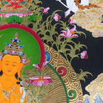 Manjushree Thangka Painting seated on a lotus throne with a raised wisdom sword, scripture on lotus, sacred ornaments, offering symbols, flowers, clouds, mountains and Himalayan landscape details.