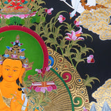 Manjushree Thangka Painting seated on a lotus throne with a raised wisdom sword, scripture on lotus, sacred ornaments, offering symbols, flowers, clouds, mountains and Himalayan landscape details.