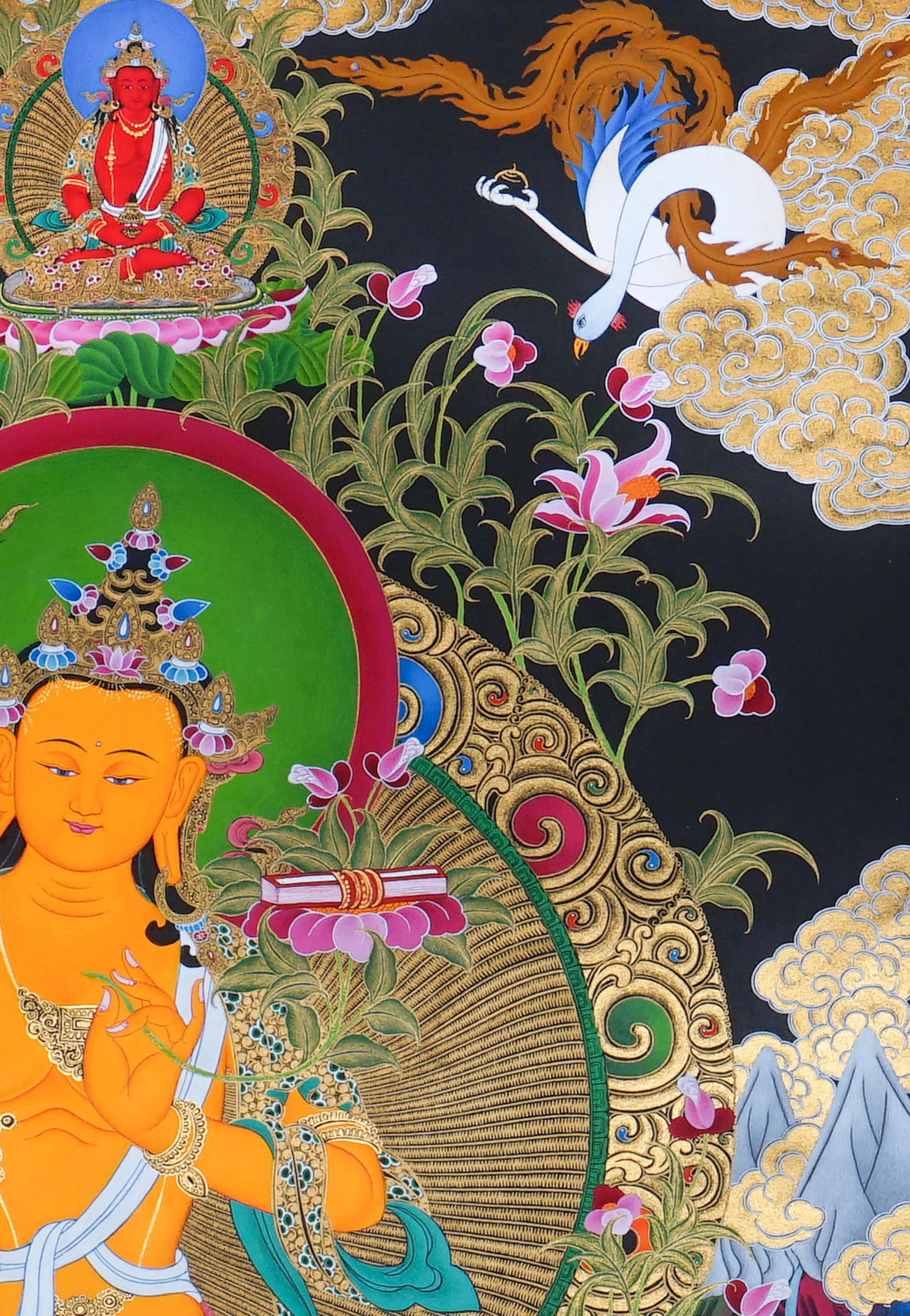 Manjushree Thangka Painting seated on a lotus throne with a raised wisdom sword, scripture on lotus, sacred ornaments, offering symbols, flowers, clouds, mountains and Himalayan landscape details.