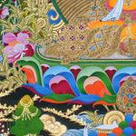 Manjushree Thangka Painting seated on a lotus throne with a raised wisdom sword, scripture on lotus, sacred ornaments, offering symbols, flowers, clouds, mountains and Himalayan landscape details.