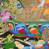 Manjushree Thangka Painting seated on a lotus throne with a raised wisdom sword, scripture on lotus, sacred ornaments, offering symbols, flowers, clouds, mountains and Himalayan landscape details.