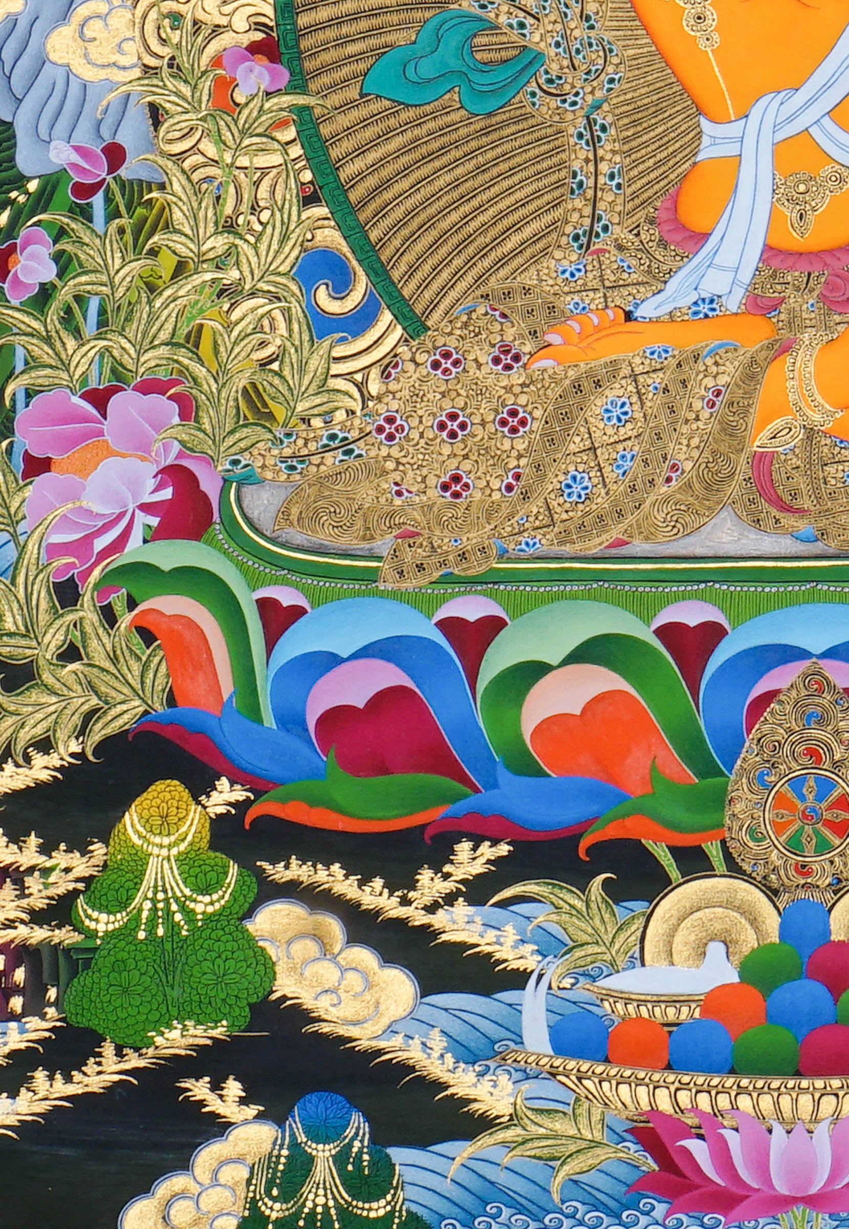 Manjushree Thangka Painting seated on a lotus throne with a raised wisdom sword, scripture on lotus, sacred ornaments, offering symbols, flowers, clouds, mountains and Himalayan landscape details.