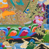 Manjushree Thangka Painting seated on a lotus throne with a raised wisdom sword, scripture on lotus, sacred ornaments, offering symbols, flowers, clouds, mountains and Himalayan landscape details.