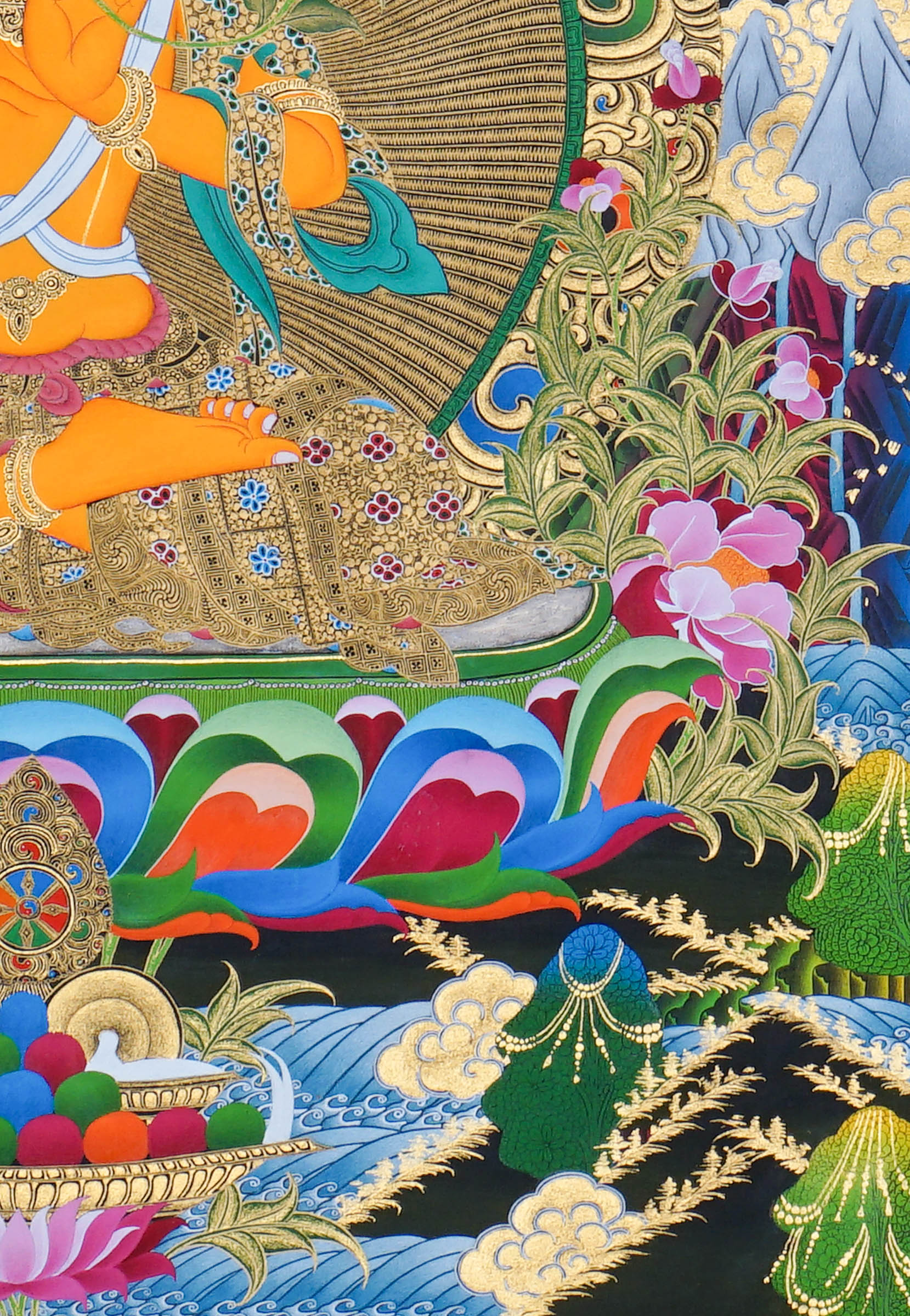 Manjushree Thangka Painting seated on a lotus throne with a raised wisdom sword, scripture on lotus, sacred ornaments, offering symbols, flowers, clouds, mountains and Himalayan landscape details.