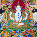 Chenrezig Thangka Painting showing Avalokiteshvara seated on a lotus throne with four arms, prayer hands, radiant halo, lotus flowers, Five Buddha figures, Manjushree, protector deity, offerings, clouds and Himalayan landscape details.