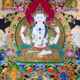 Chenrezig Thangka Painting showing Avalokiteshvara seated on a lotus throne with four arms, prayer hands, radiant halo, lotus flowers, Five Buddha figures, Manjushree, protector deity, offerings, clouds and Himalayan landscape details.