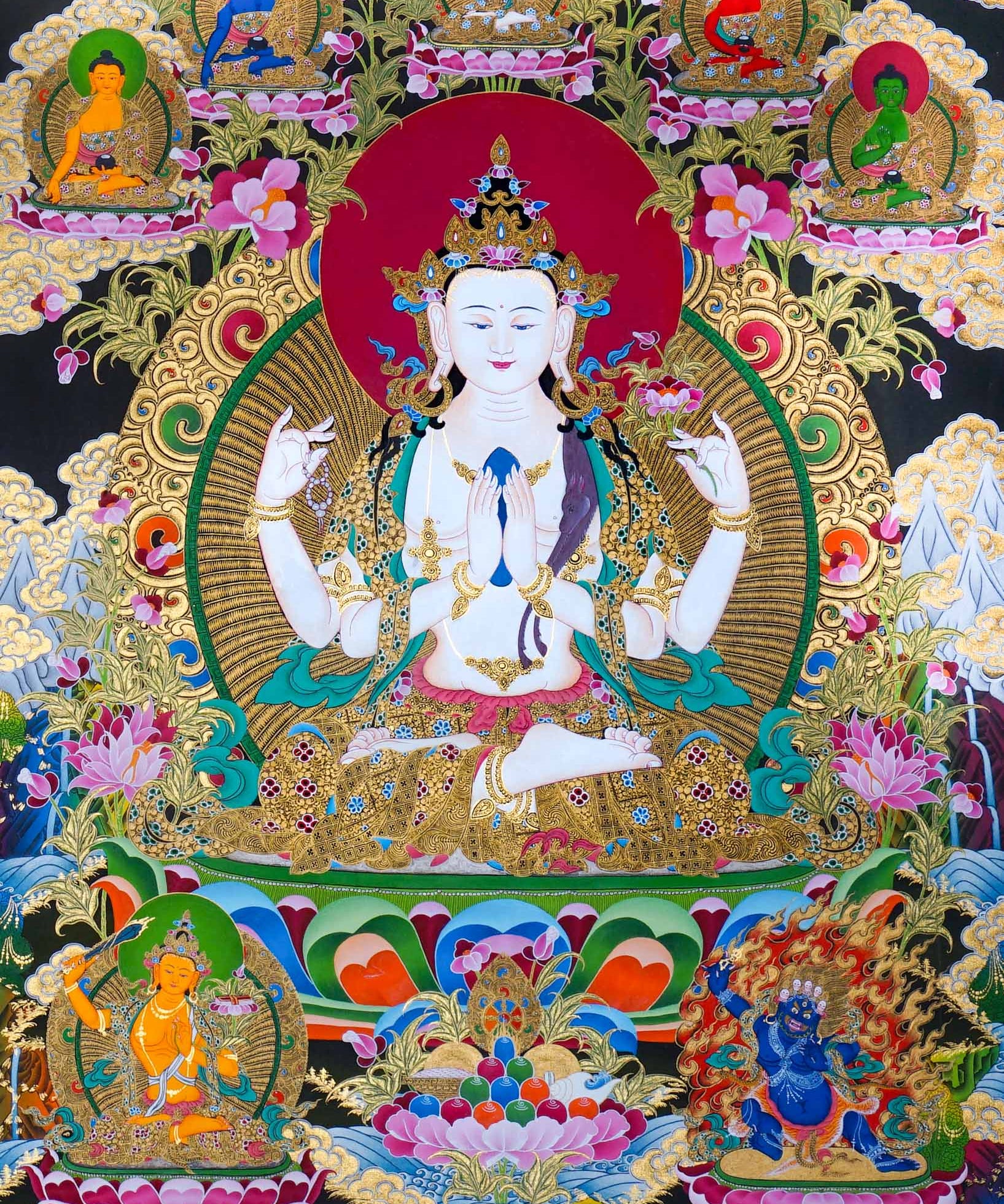 Chenrezig Thangka Painting showing Avalokiteshvara seated on a lotus throne with four arms, prayer hands, radiant halo, lotus flowers, Five Buddha figures, Manjushree, protector deity, offerings, clouds and Himalayan landscape details.