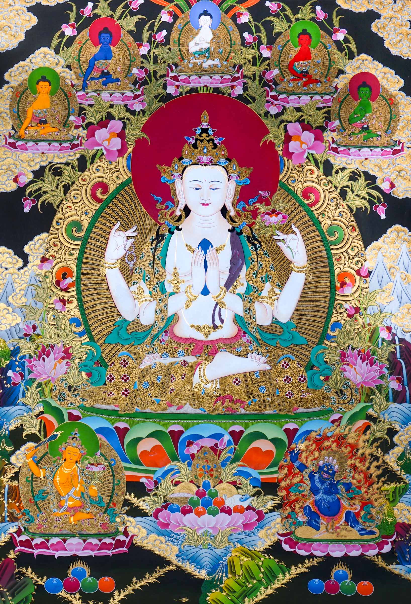 Chenrezig Thangka Painting showing Avalokiteshvara seated on a lotus throne with four arms, prayer hands, radiant halo, lotus flowers, Five Buddha figures, Manjushree, protector deity, offerings, clouds and Himalayan landscape details.