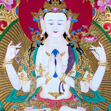 Chenrezig Thangka Painting showing Avalokiteshvara seated on a lotus throne with four arms, prayer hands, radiant halo, lotus flowers, Five Buddha figures, Manjushree, protector deity, offerings, clouds and Himalayan landscape details.