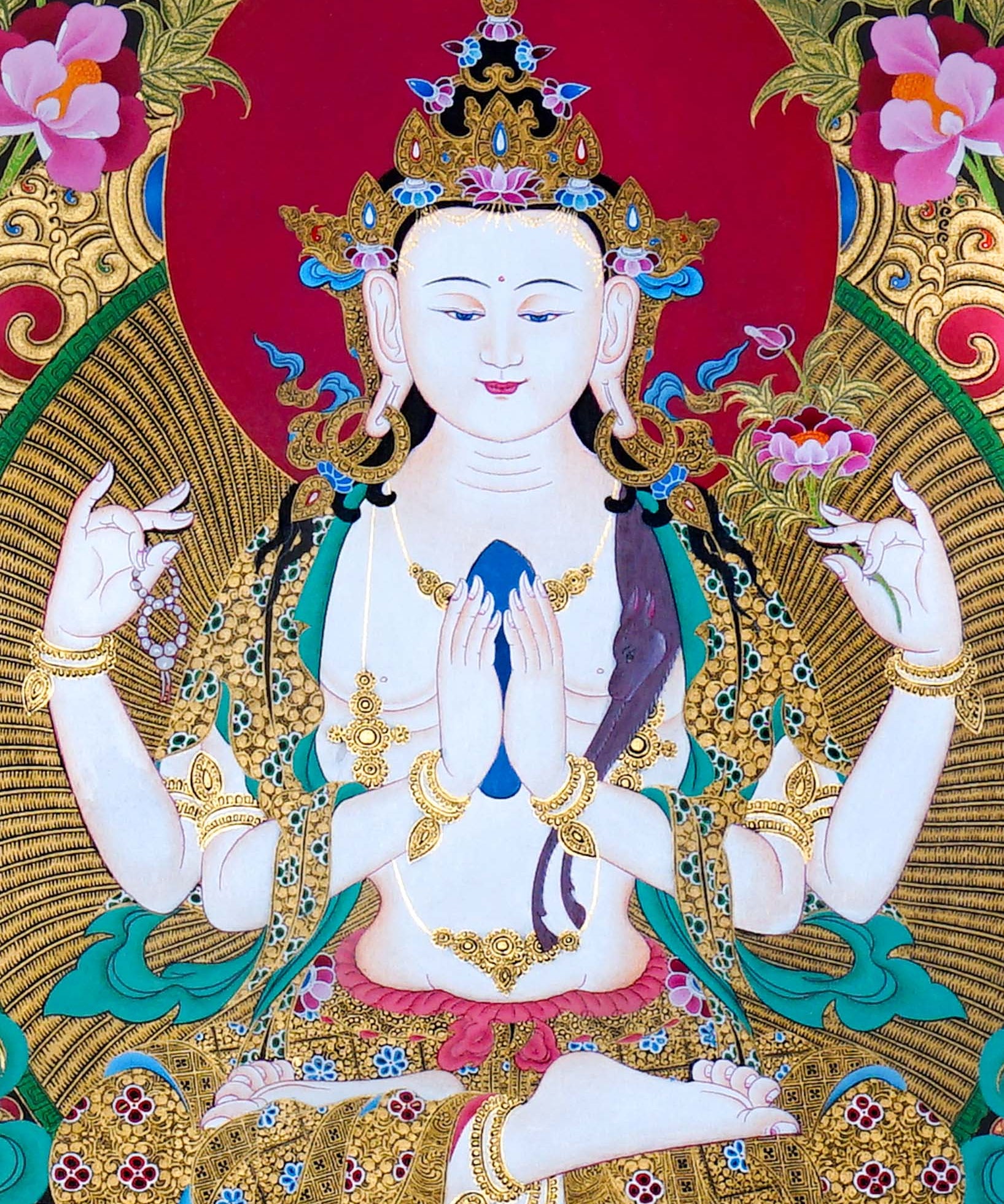 Chenrezig Thangka Painting showing Avalokiteshvara seated on a lotus throne with four arms, prayer hands, radiant halo, lotus flowers, Five Buddha figures, Manjushree, protector deity, offerings, clouds and Himalayan landscape details.