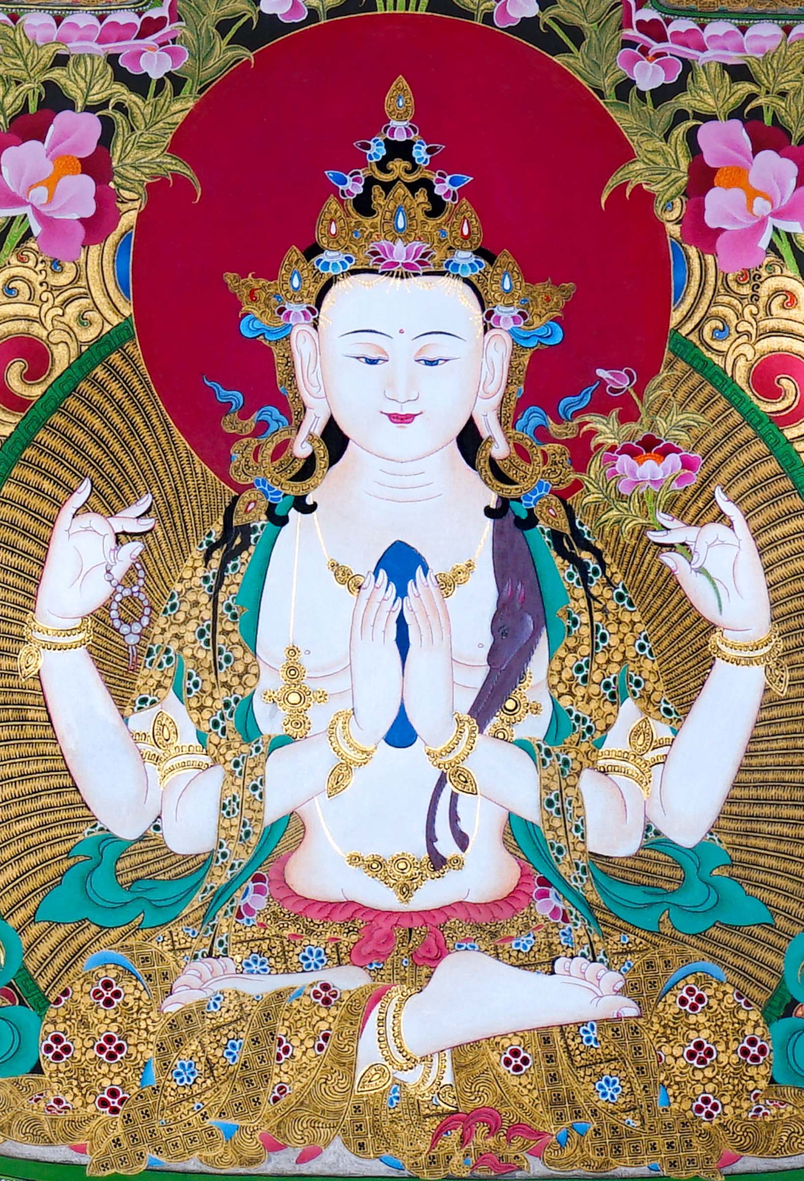 Chenrezig Thangka Painting showing Avalokiteshvara seated on a lotus throne with four arms, prayer hands, radiant halo, lotus flowers, Five Buddha figures, Manjushree, protector deity, offerings, clouds and Himalayan landscape details.