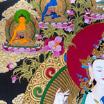Chenrezig Thangka Painting showing Avalokiteshvara seated on a lotus throne with four arms, prayer hands, radiant halo, lotus flowers, Five Buddha figures, Manjushree, protector deity, offerings, clouds and Himalayan landscape details.