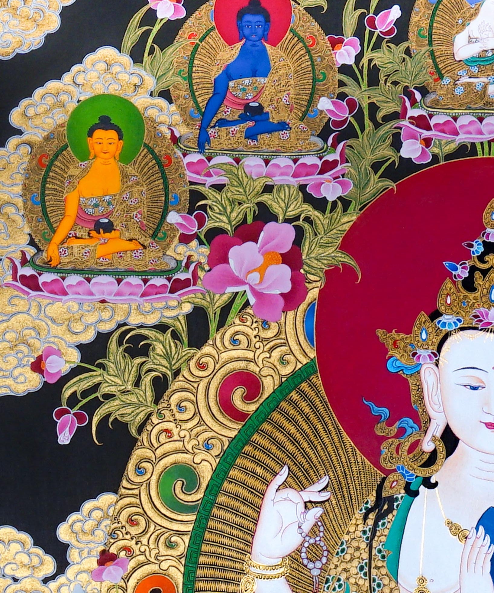 Chenrezig Thangka Painting showing Avalokiteshvara seated on a lotus throne with four arms, prayer hands, radiant halo, lotus flowers, Five Buddha figures, Manjushree, protector deity, offerings, clouds and Himalayan landscape details.