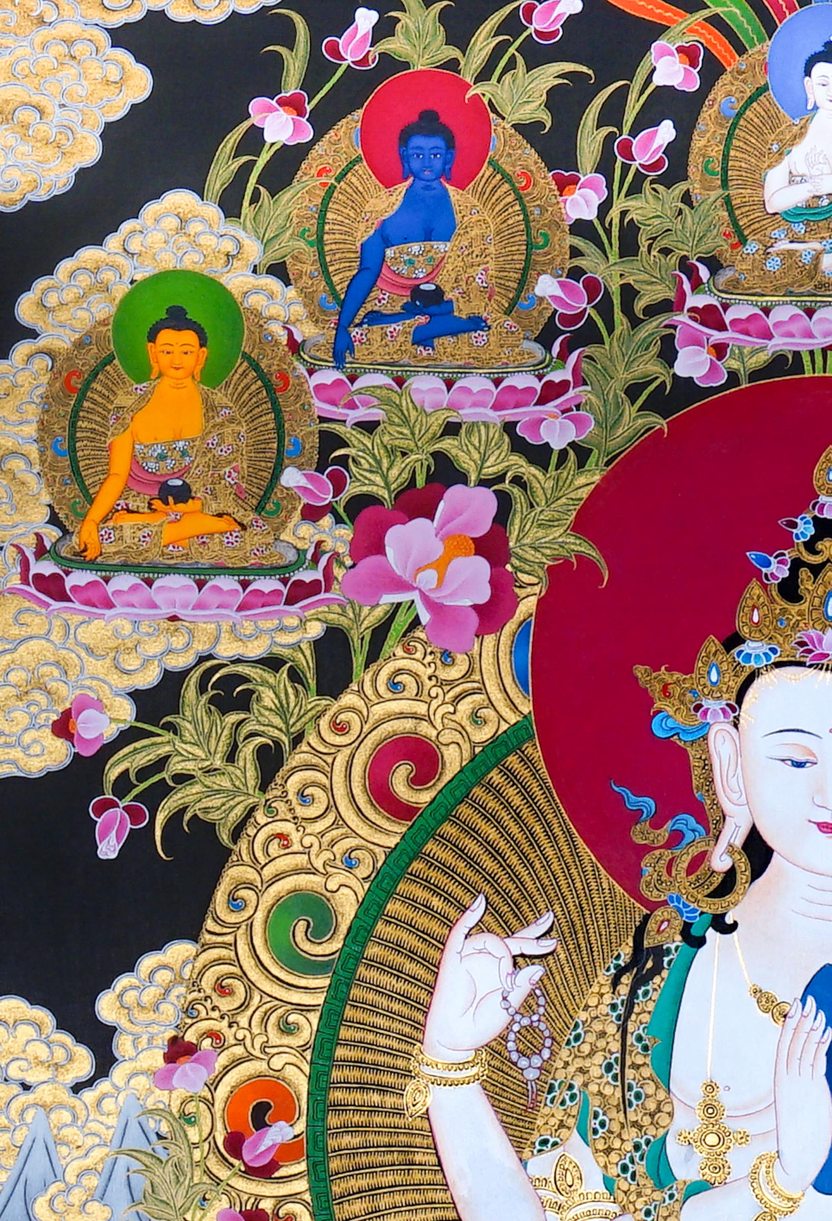 Chenrezig Thangka Painting showing Avalokiteshvara seated on a lotus throne with four arms, prayer hands, radiant halo, lotus flowers, Five Buddha figures, Manjushree, protector deity, offerings, clouds and Himalayan landscape details.