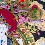 Chenrezig Thangka Painting showing Avalokiteshvara seated on a lotus throne with four arms, prayer hands, radiant halo, lotus flowers, Five Buddha figures, Manjushree, protector deity, offerings, clouds and Himalayan landscape details.