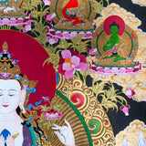 Chenrezig Thangka Painting showing Avalokiteshvara seated on a lotus throne with four arms, prayer hands, radiant halo, lotus flowers, Five Buddha figures, Manjushree, protector deity, offerings, clouds and Himalayan landscape details.