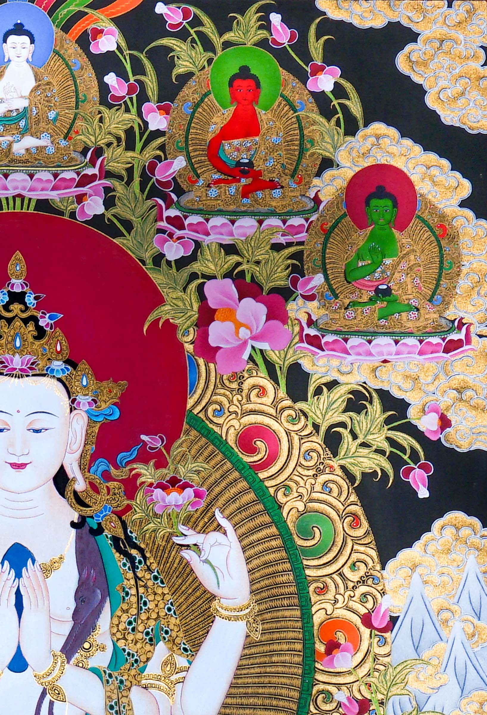 Chenrezig Thangka Painting showing Avalokiteshvara seated on a lotus throne with four arms, prayer hands, radiant halo, lotus flowers, Five Buddha figures, Manjushree, protector deity, offerings, clouds and Himalayan landscape details.