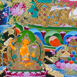 Chenrezig Thangka Painting showing Avalokiteshvara seated on a lotus throne with four arms, prayer hands, radiant halo, lotus flowers, Five Buddha figures, Manjushree, protector deity, offerings, clouds and Himalayan landscape details.