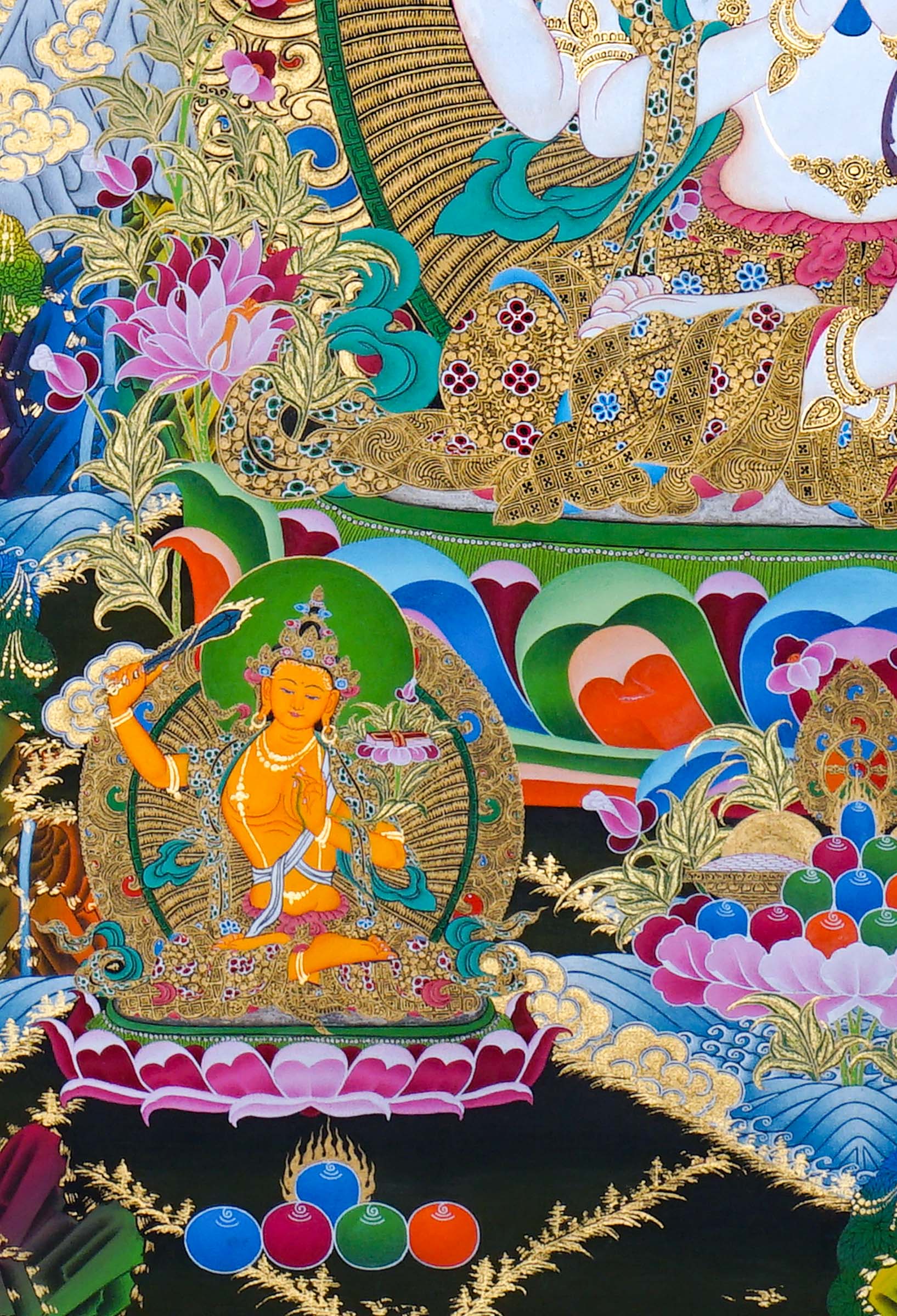 Chenrezig Thangka Painting showing Avalokiteshvara seated on a lotus throne with four arms, prayer hands, radiant halo, lotus flowers, Five Buddha figures, Manjushree, protector deity, offerings, clouds and Himalayan landscape details.