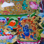 Chenrezig Thangka Painting showing Avalokiteshvara seated on a lotus throne with four arms, prayer hands, radiant halo, lotus flowers, Five Buddha figures, Manjushree, protector deity, offerings, clouds and Himalayan landscape details.