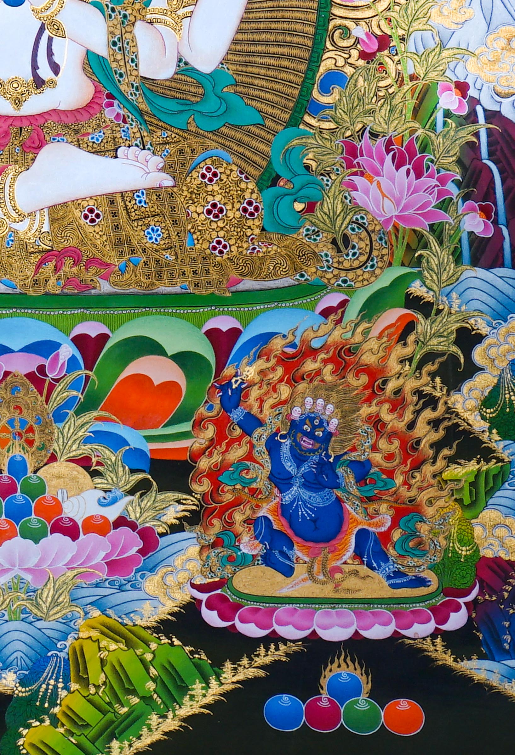 Chenrezig Thangka Painting showing Avalokiteshvara seated on a lotus throne with four arms, prayer hands, radiant halo, lotus flowers, Five Buddha figures, Manjushree, protector deity, offerings, clouds and Himalayan landscape details.