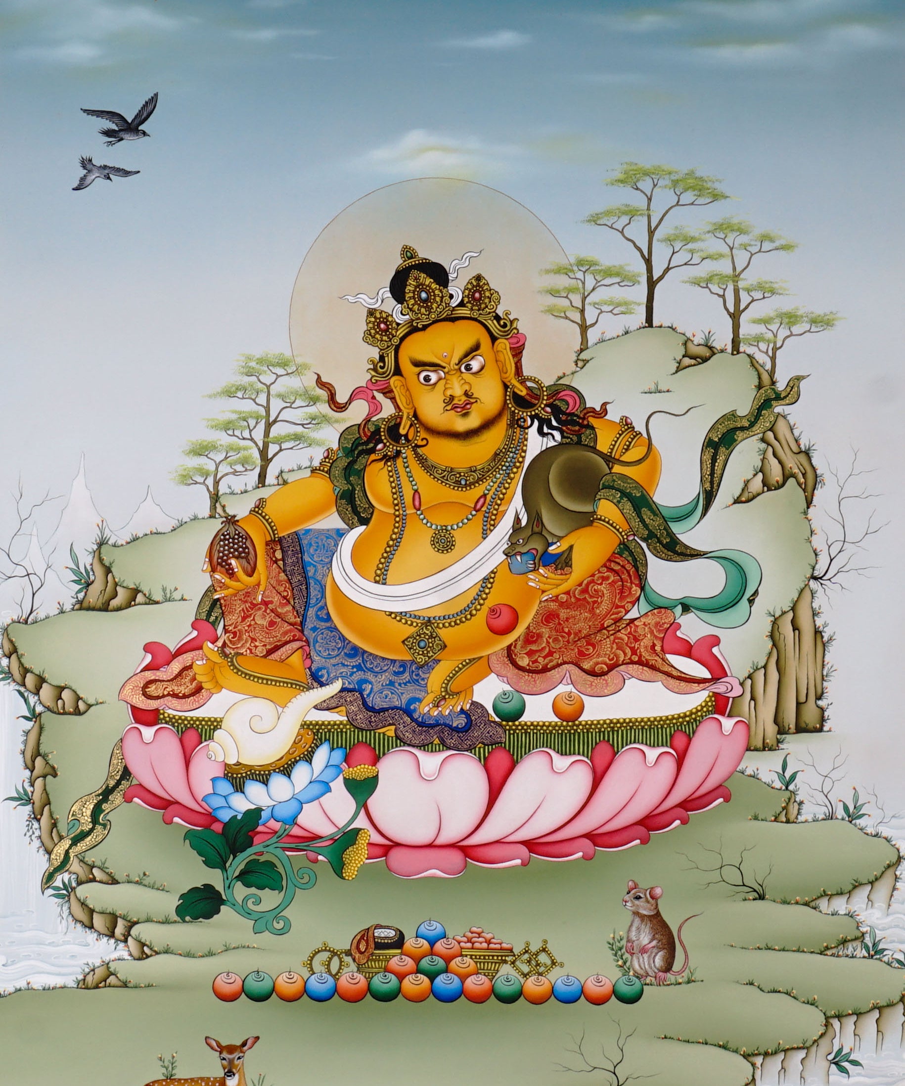 Yellow Zambala thangka painting Tibetan wealth deity seated on lotus with mongoose and jewels in Himalayan landscape