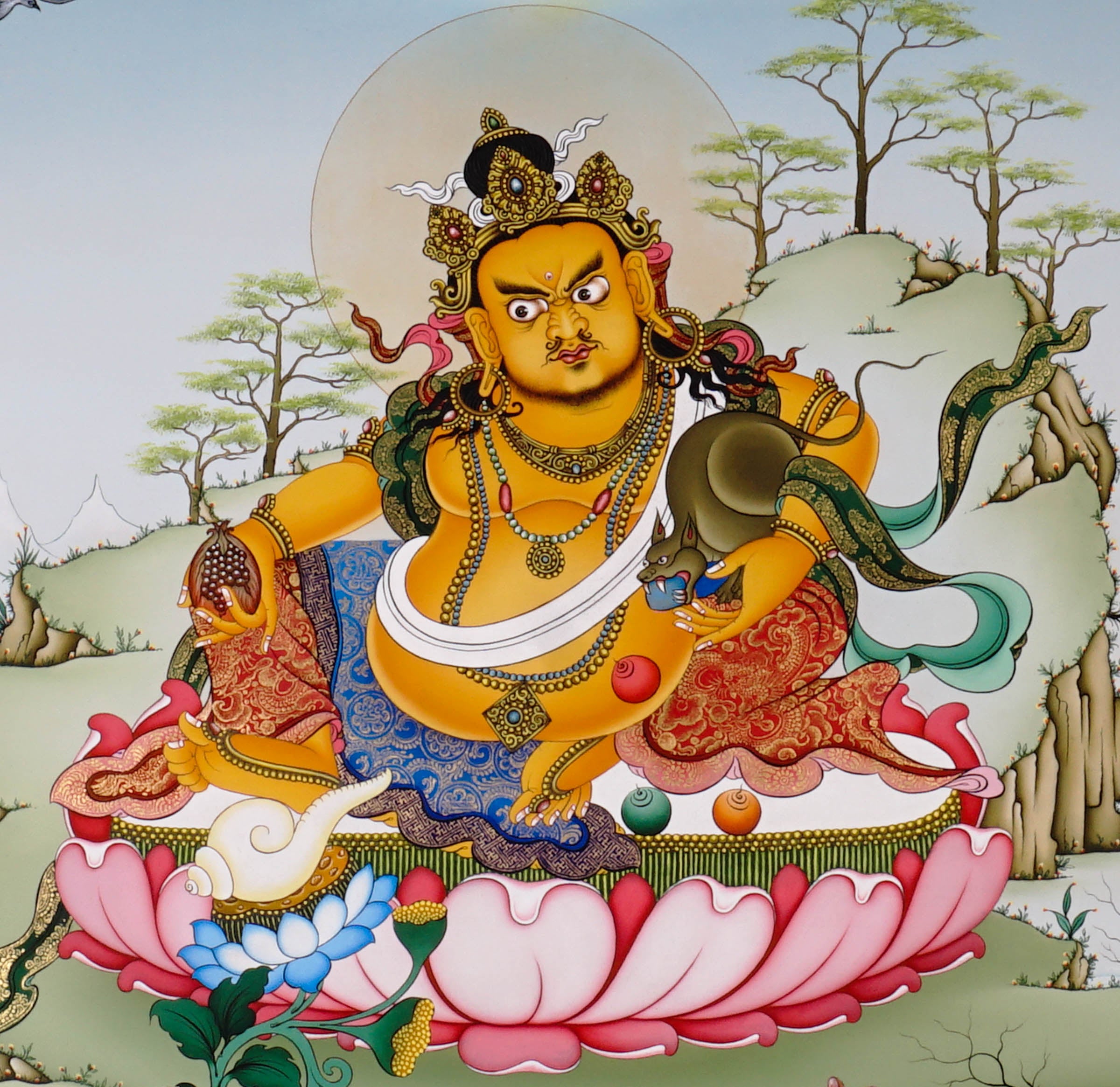 Yellow Zambala thangka painting Tibetan wealth deity seated on lotus with mongoose and jewels in Himalayan landscape