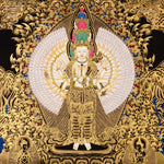 Thousand armed Avalokiteshvara thangka gold Chenrezig painting with multiple arms and faces in detailed traditional design