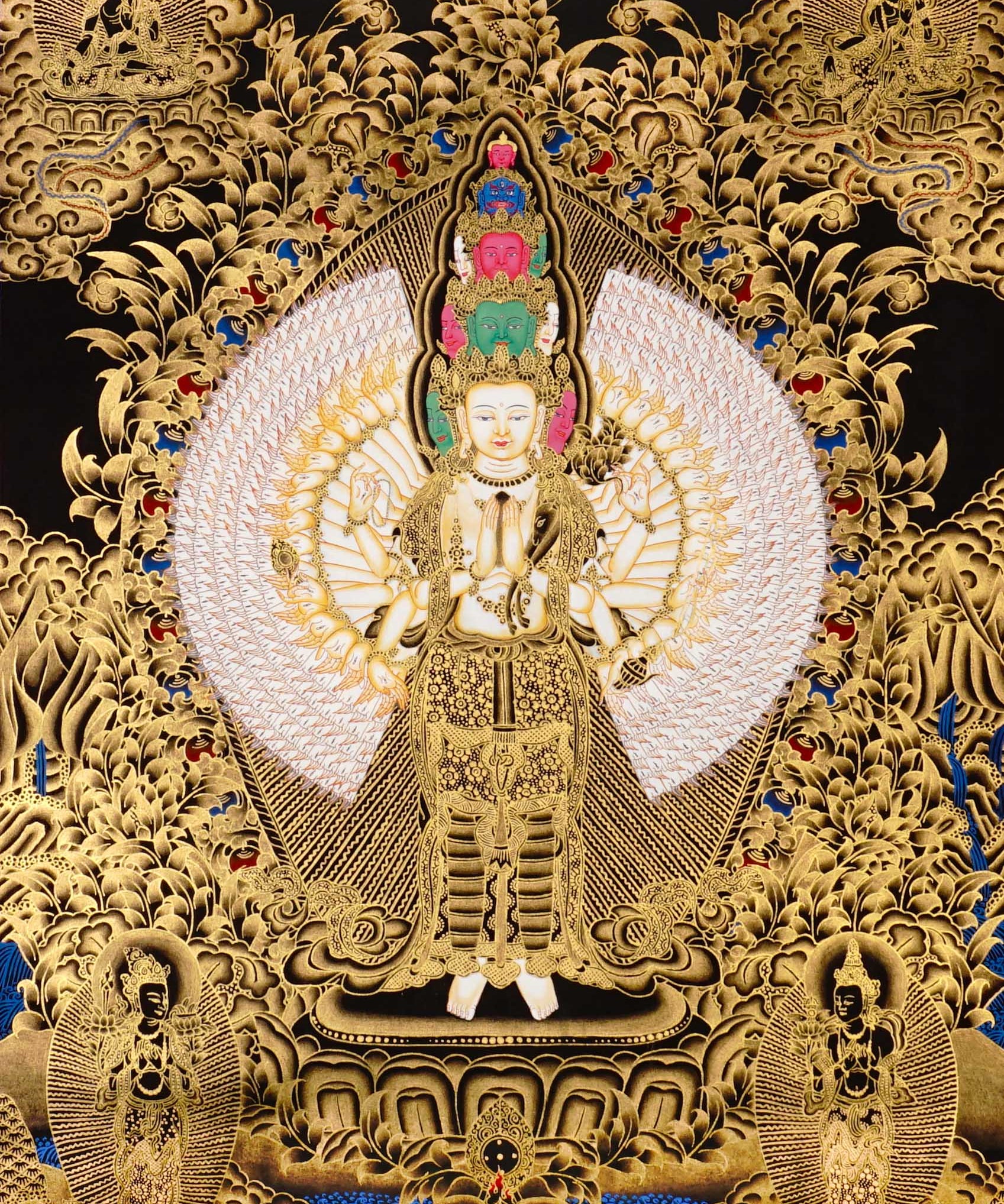 Thousand armed Avalokiteshvara thangka gold Chenrezig painting with multiple arms and faces in detailed traditional design