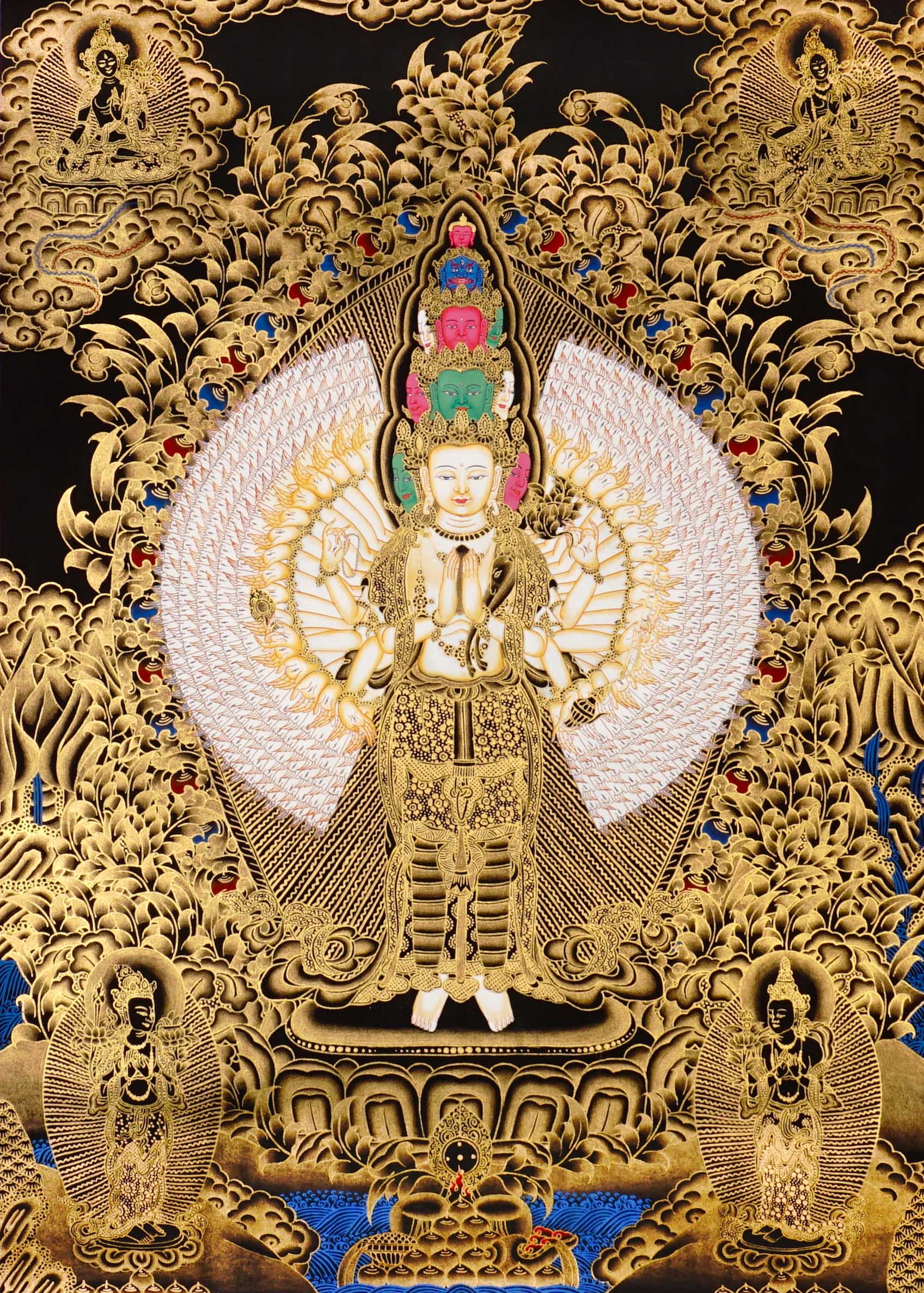 Thousand armed Avalokiteshvara thangka gold Chenrezig painting with multiple arms and faces in detailed traditional design