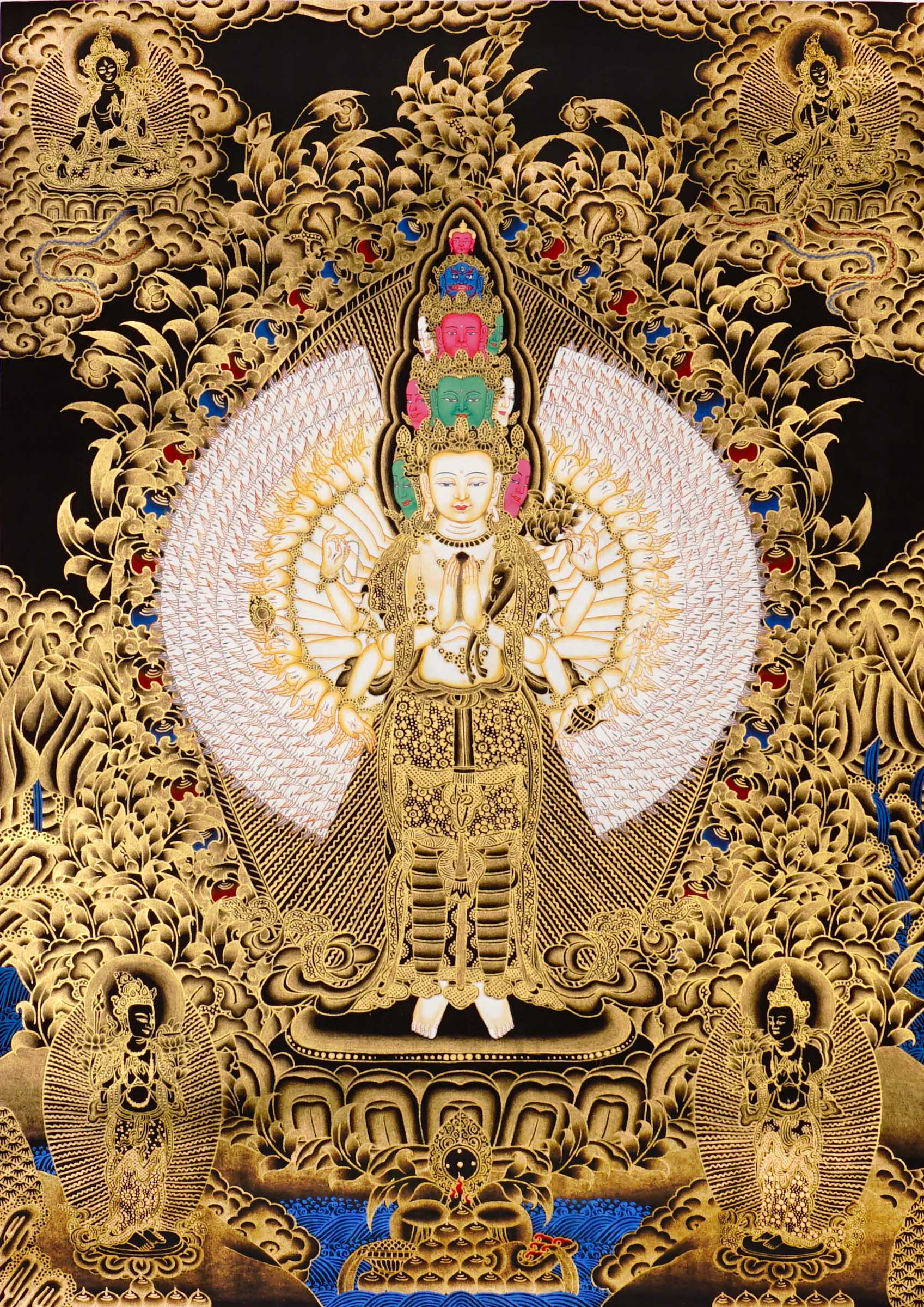 Thousand armed Avalokiteshvara thangka gold Chenrezig painting with multiple arms and faces in detailed traditional design