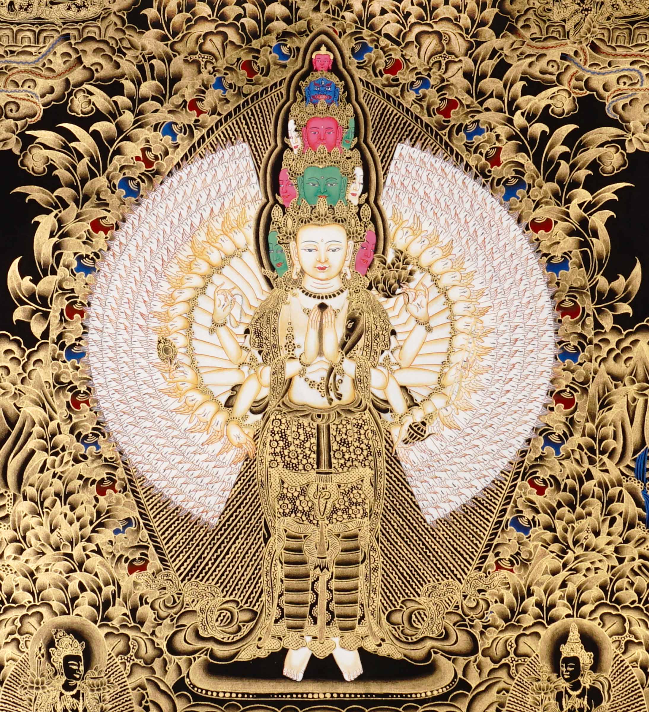 Thousand armed Avalokiteshvara thangka gold Chenrezig painting with multiple arms and faces in detailed traditional design