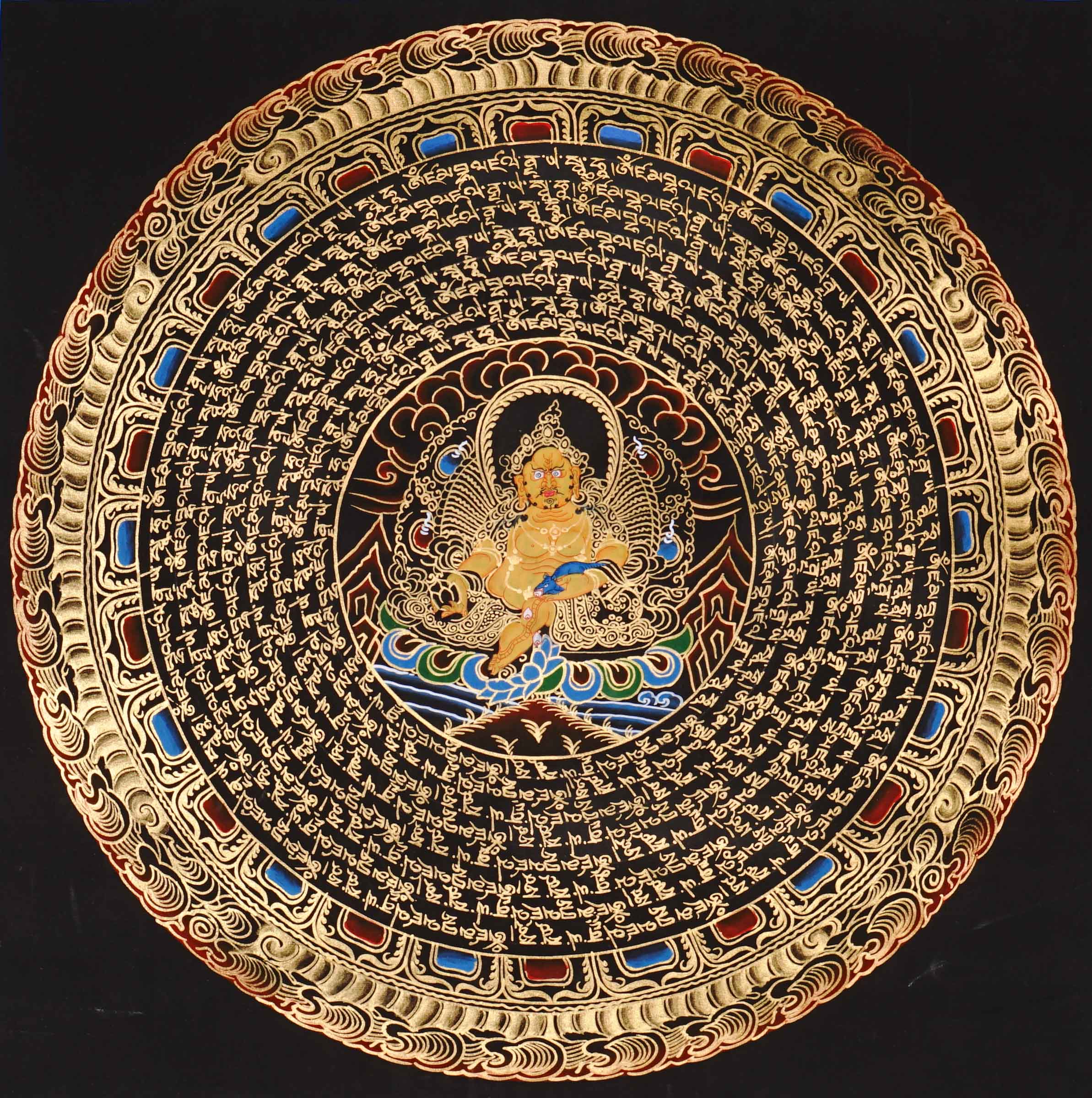 Zambala Mandala Thangka painting with central prosperity deity, sacred Tibetan script, and traditional Himalayan Buddhist symbolism.