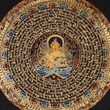 Zambhala Mandala Thangka painting with central prosperity deity, sacred Tibetan script, and traditional Himalayan Buddhist symbolism.
