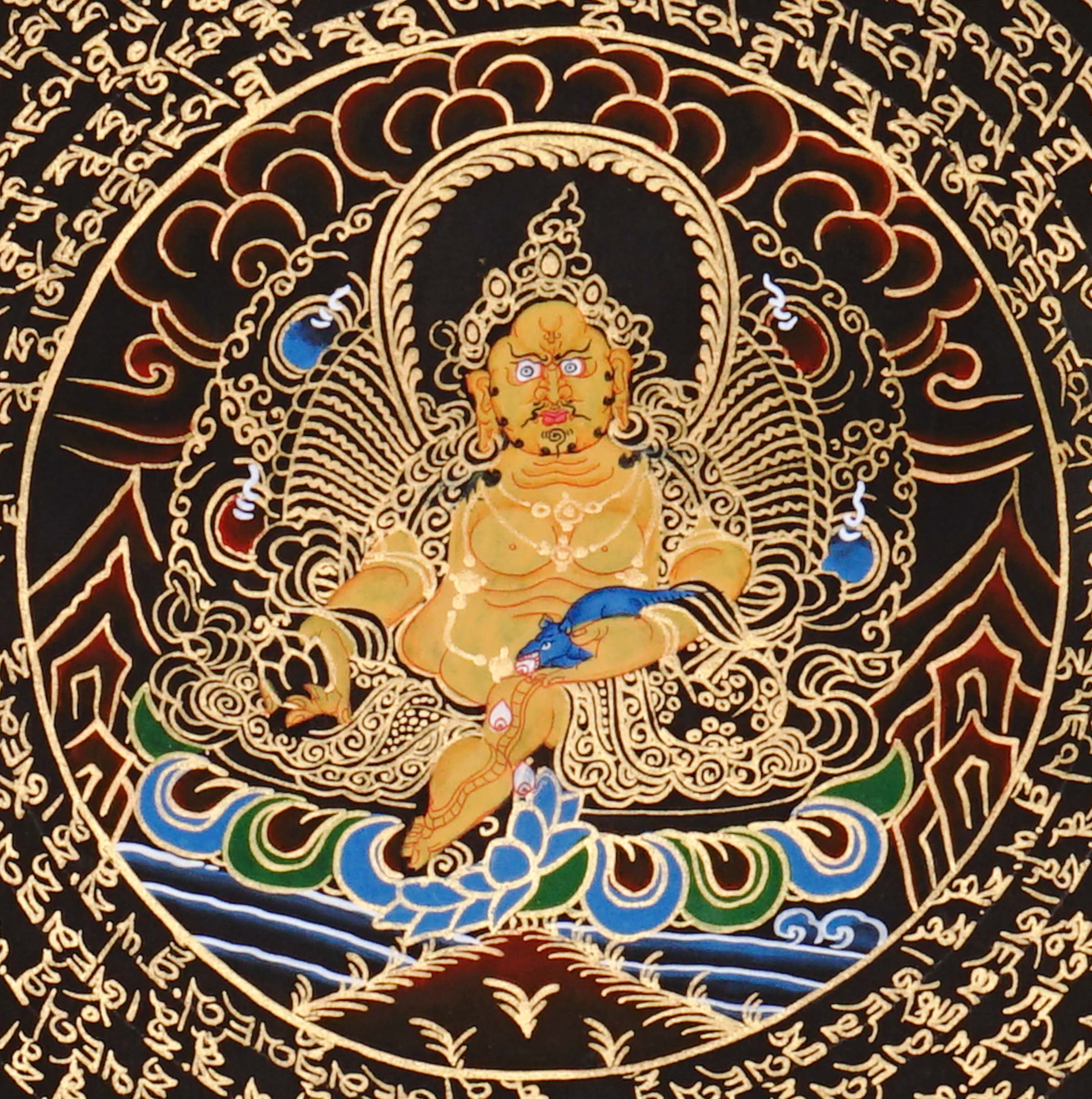 Zambhala Mandala Thangka painting with central prosperity deity, sacred Tibetan script, and traditional Himalayan Buddhist symbolism.