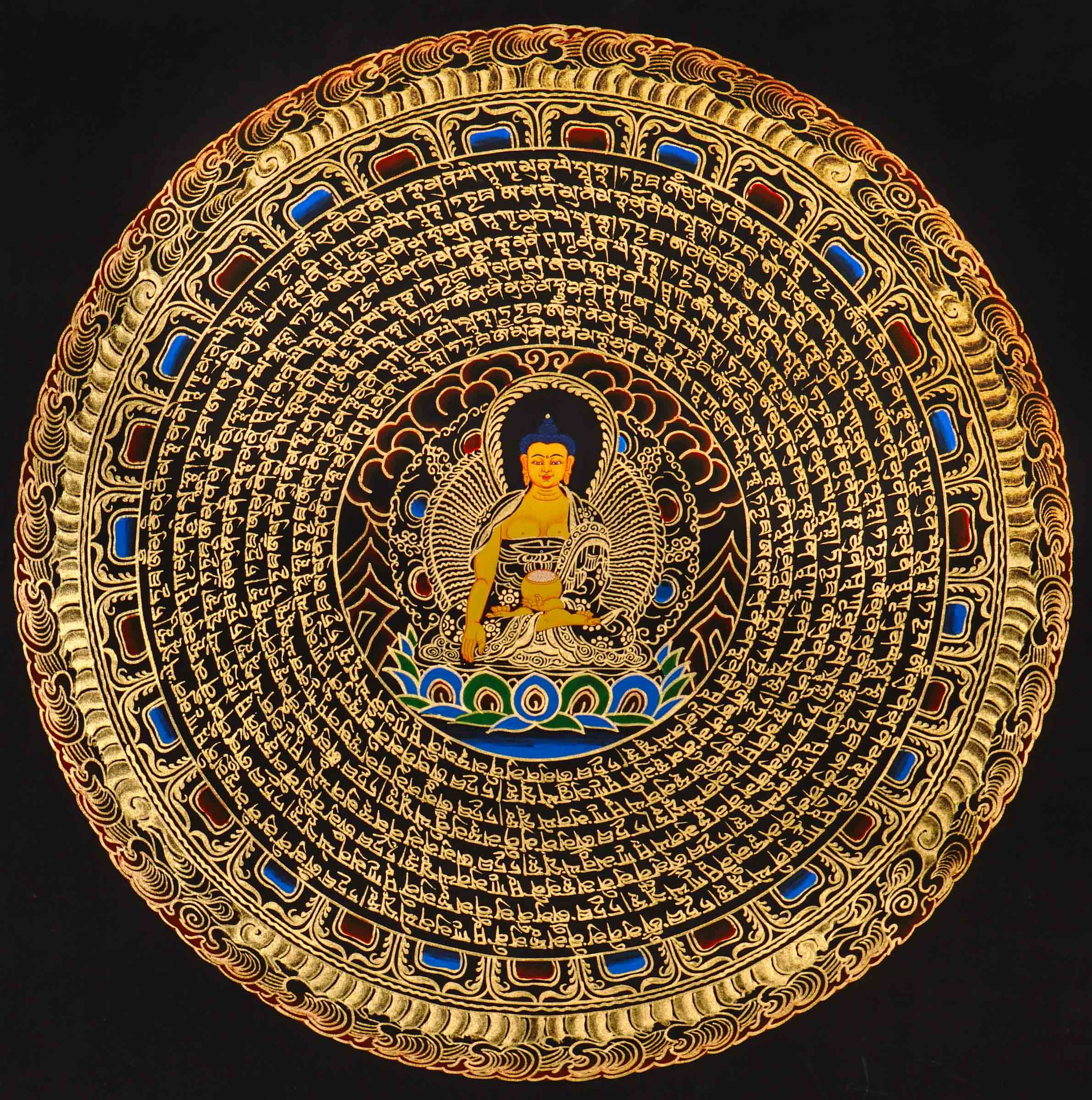 Shakyamuni Buddha Mandala Thangka painting with central Buddha, sacred Tibetan script, and traditional Himalayan Buddhist symbolism.