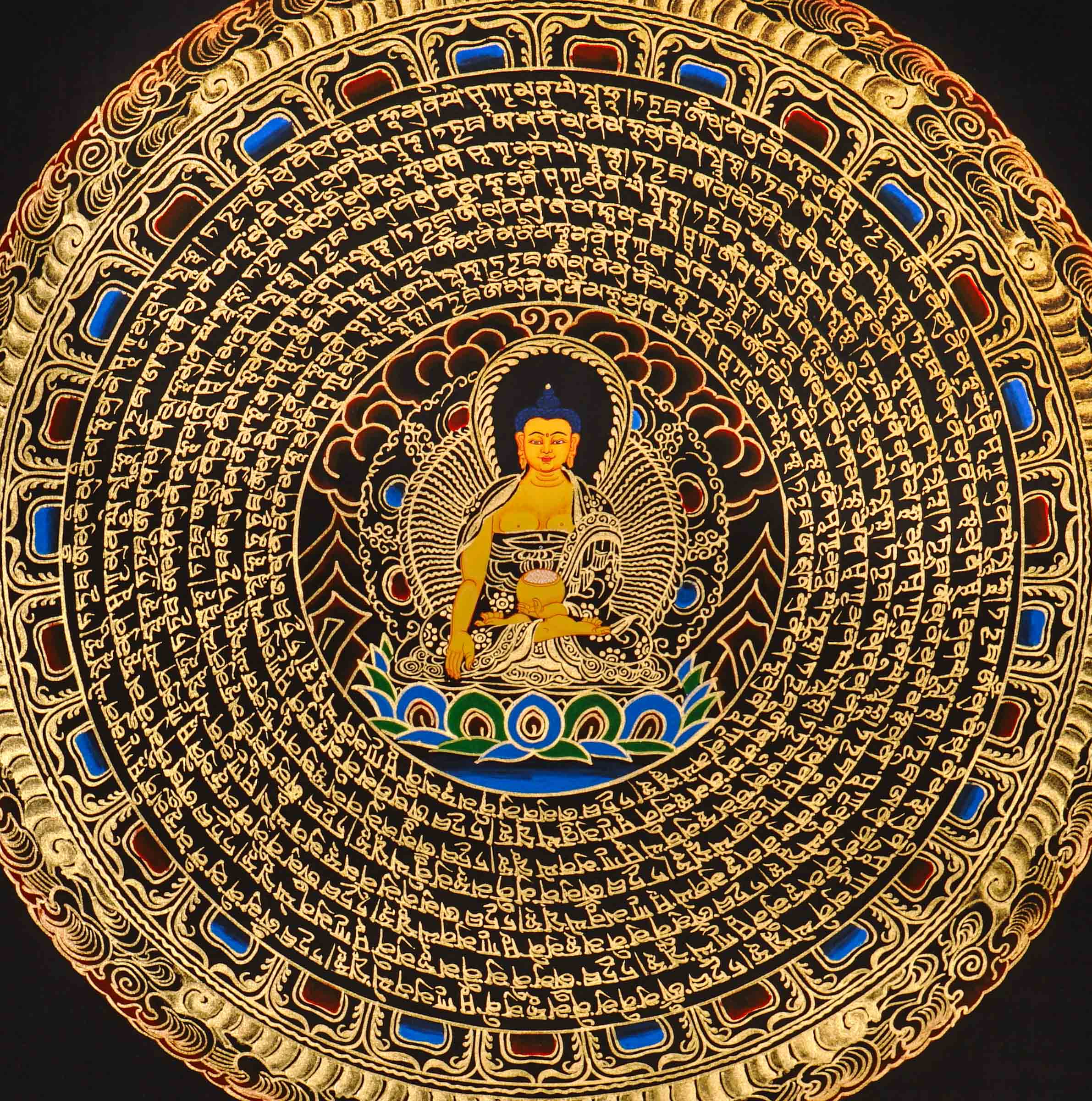 Shakyamuni Buddha Mandala Thangka painting with central Buddha, sacred Tibetan script, and traditional Himalayan Buddhist symbolism.