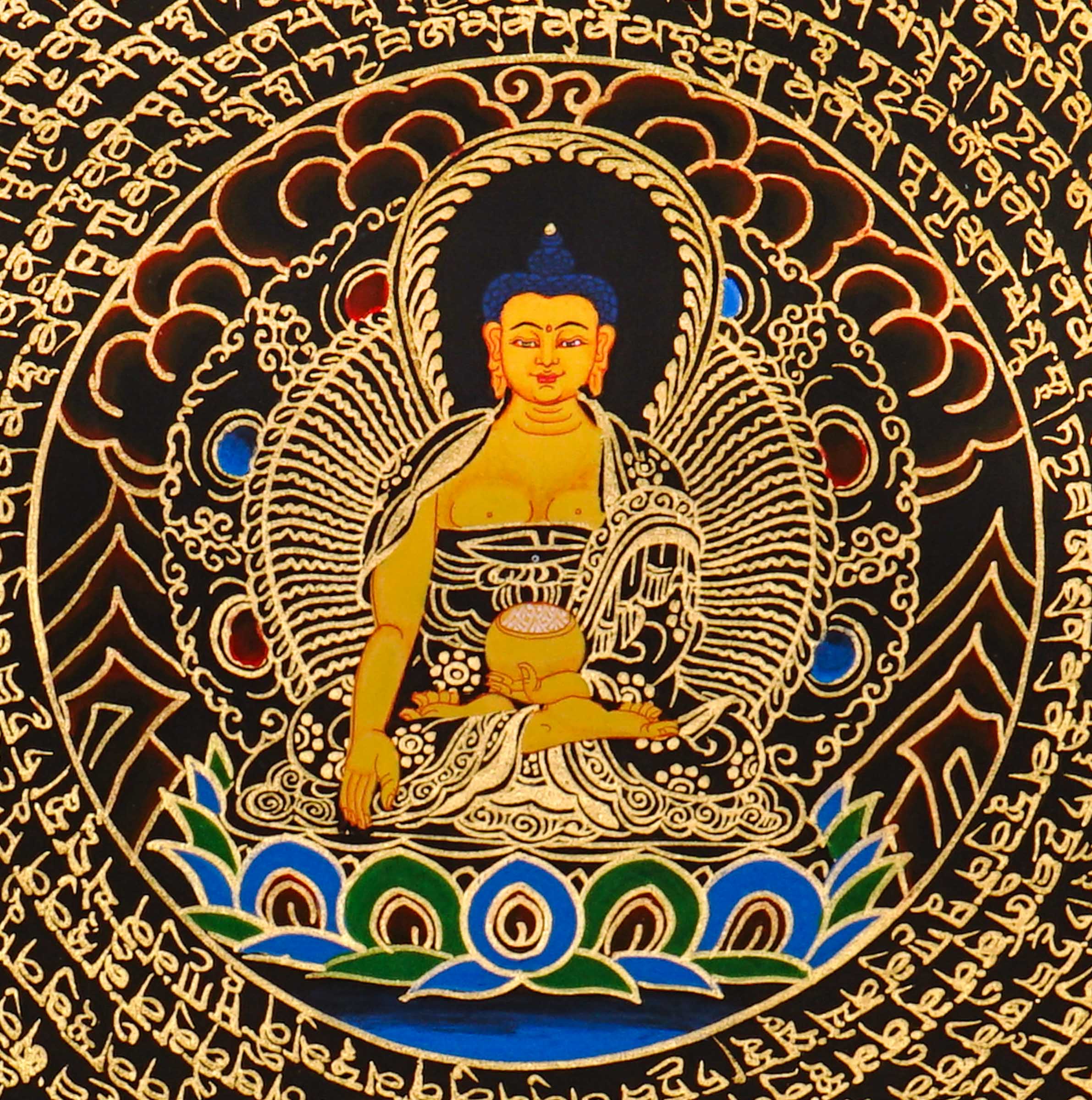 Shakyamuni Buddha Mandala Thangka painting with central Buddha, sacred Tibetan script, and traditional Himalayan Buddhist symbolism.