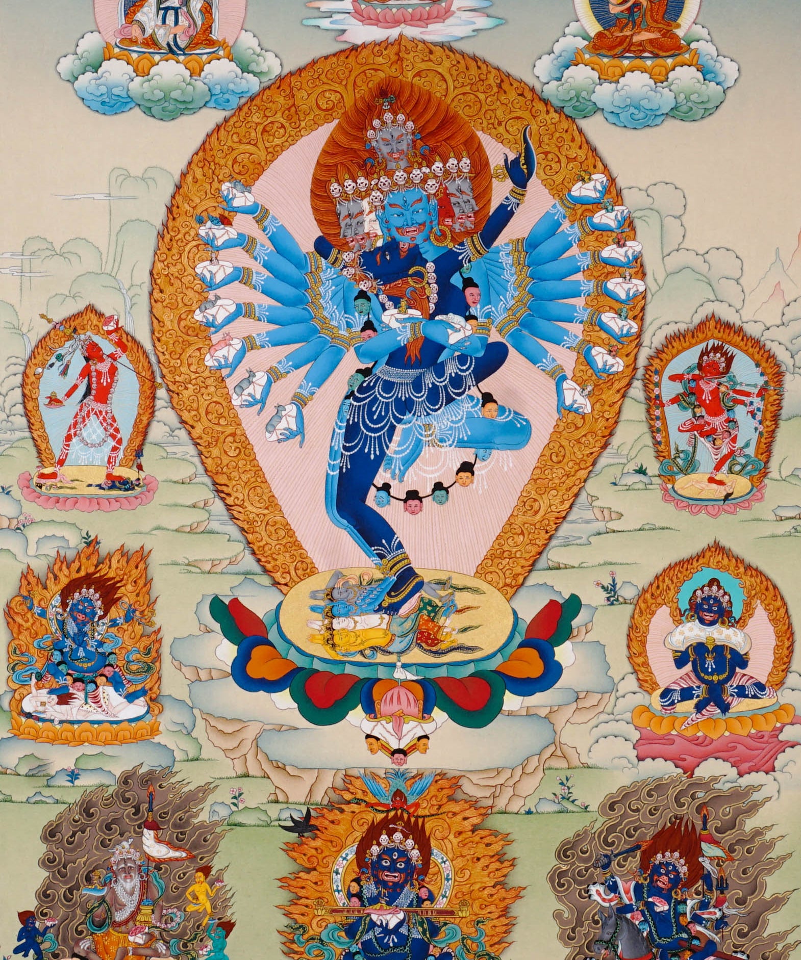Hand-painted Hayagriva thangka with multiple arms and wrathful compassionate form