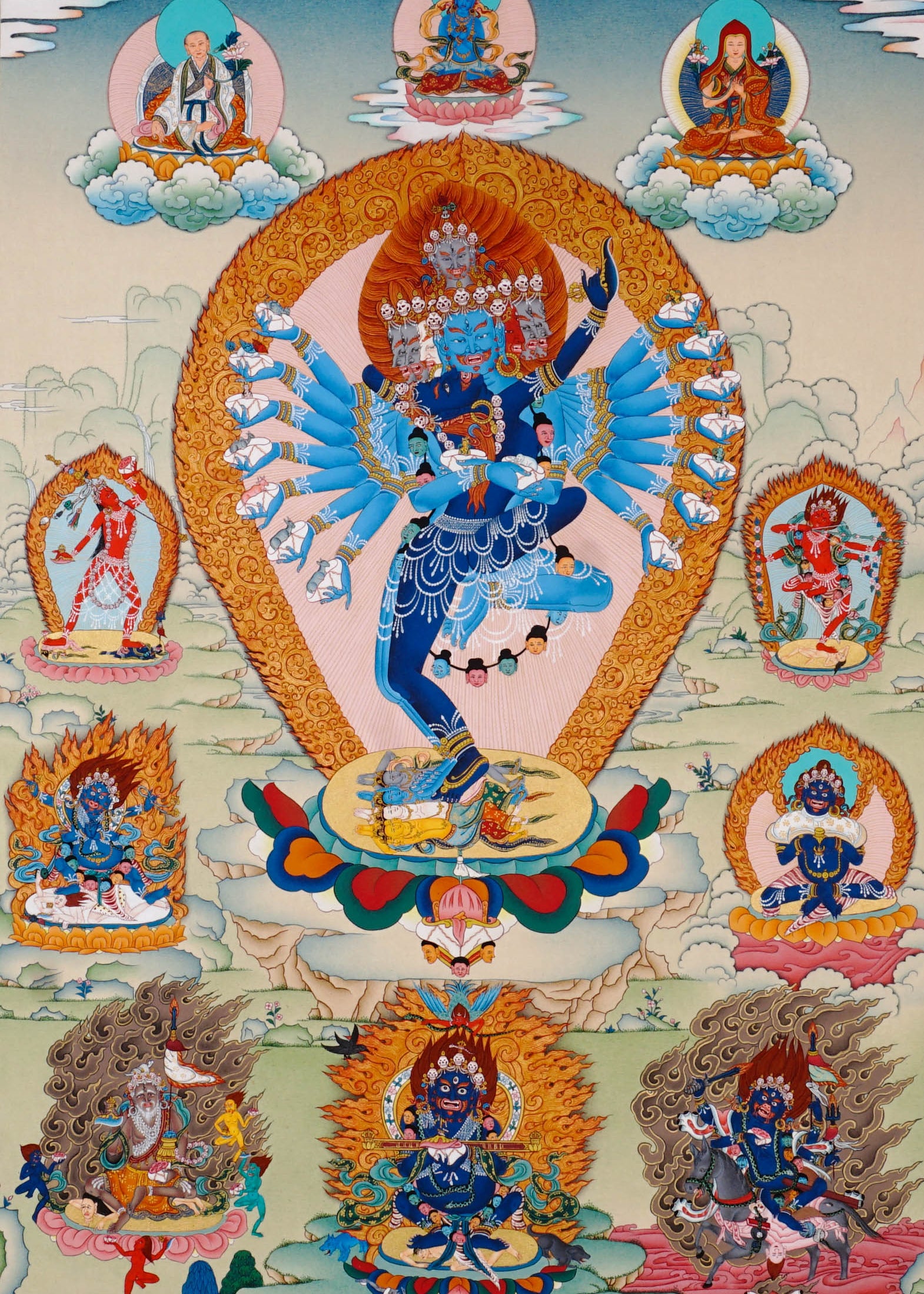 Hand-painted Hayagriva thangka with multiple arms and wrathful compassionate form