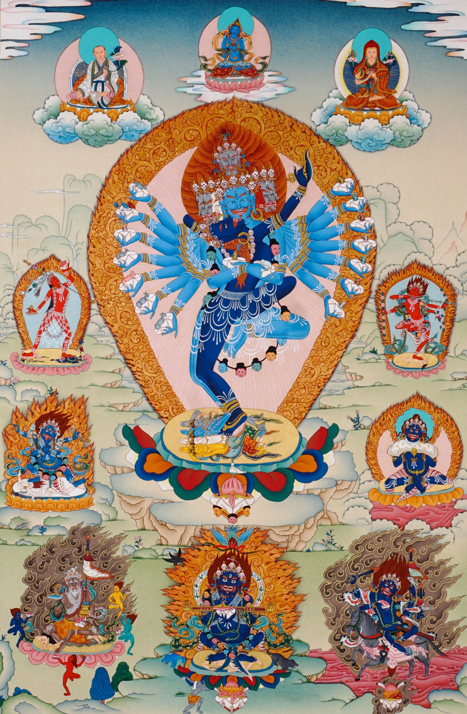 Hand-painted Hayagriva thangka with multiple arms and wrathful compassionate form