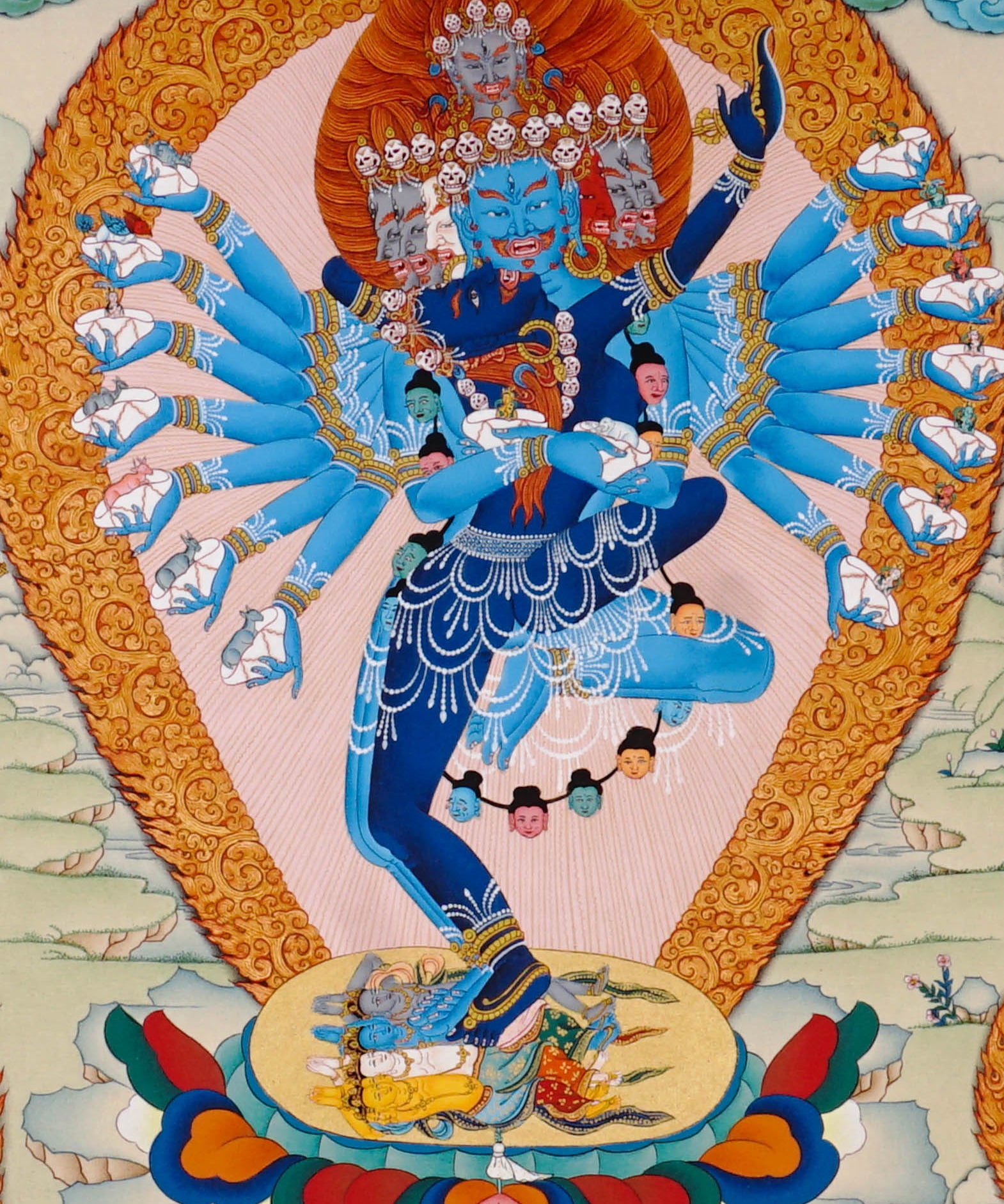 Hand-painted Hayagriva thangka with multiple arms and wrathful compassionate form
